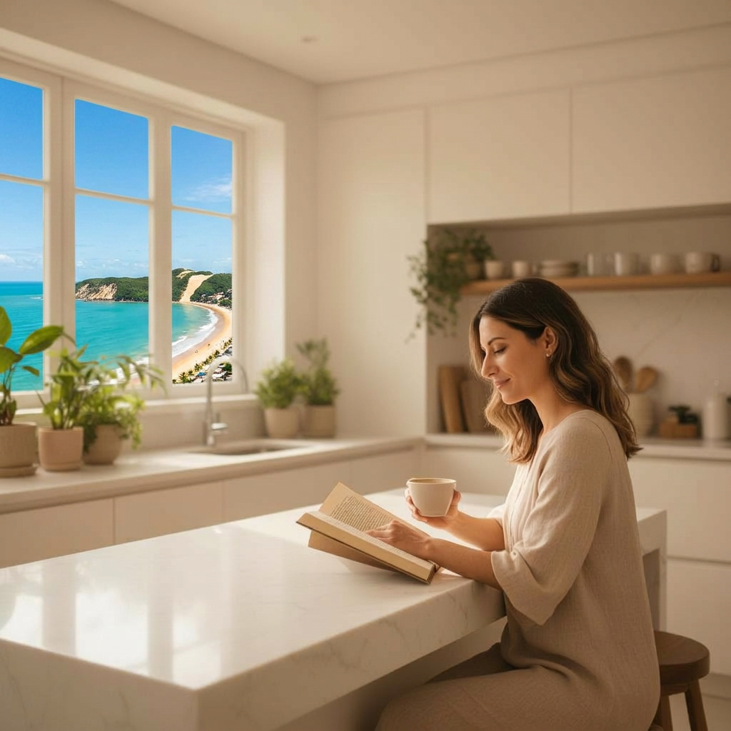 Dona de casa em cozinha iluminada e organizada, tomando café com tranquilidade
